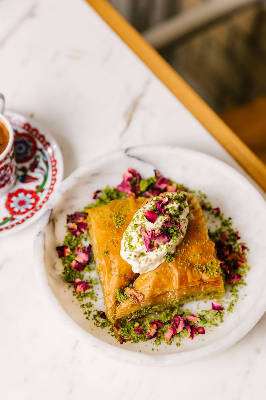 Pistachio baklava with kaymak