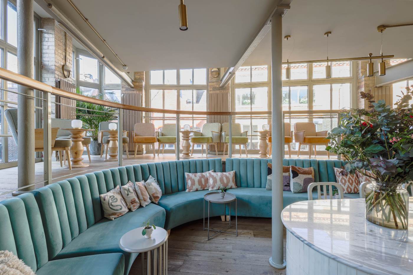 The curved blue banquette at Zahter